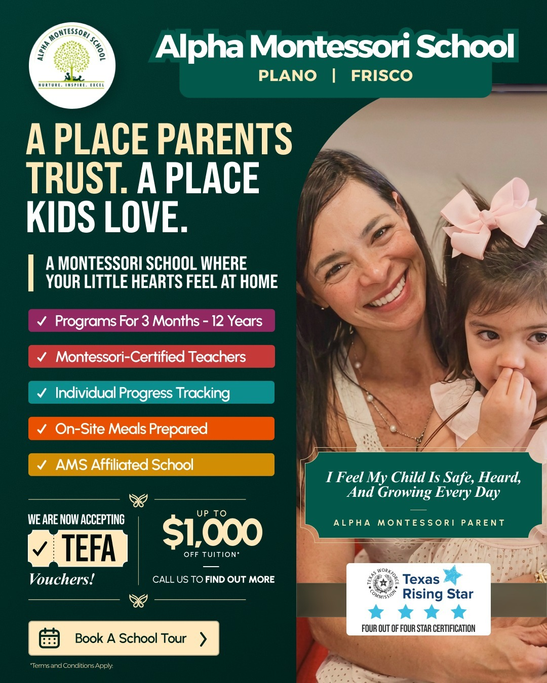 Alpha Montessori enrollment creative with a parent testimonial